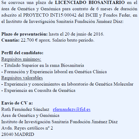 Convocatoria plaza Licenciado Biosanitario