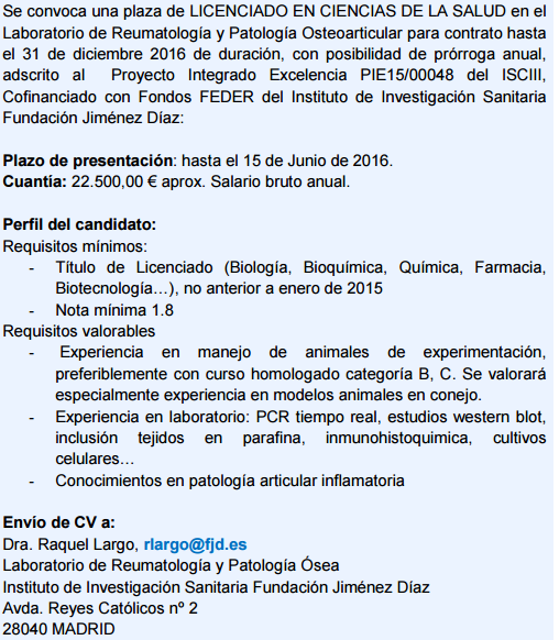 Convocatoria plaza Licenciado en Ciencias de la Salud