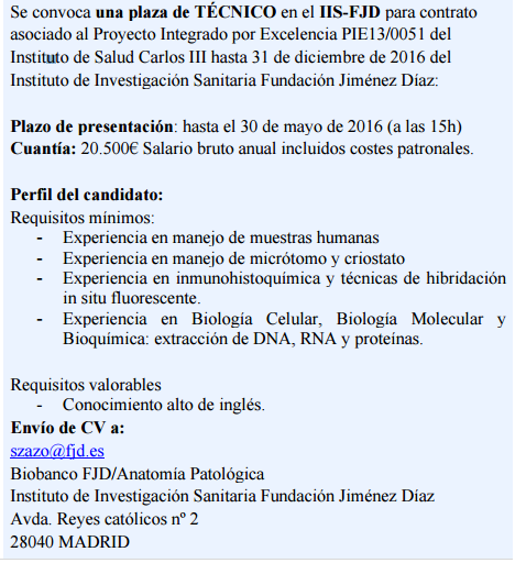 Convocatoria plaza de Técnico en el IIS-FJD